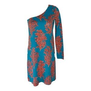 Lilly Pulitzer Whitaker One Shoulder Turquoise Coral Siesta Jersey Dress, XS